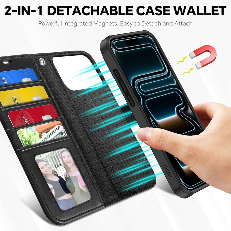 TUCCH 2-in-1 Detachable Wallet Case for iPhone 17 Pro Max (6.9") 2025, Wireless Charging | RFID Blocking 4 Card Holder | Wrist Strap | Kickstand | Magnetic | PU Leather | Protective Flip Cover | Black - Image 3